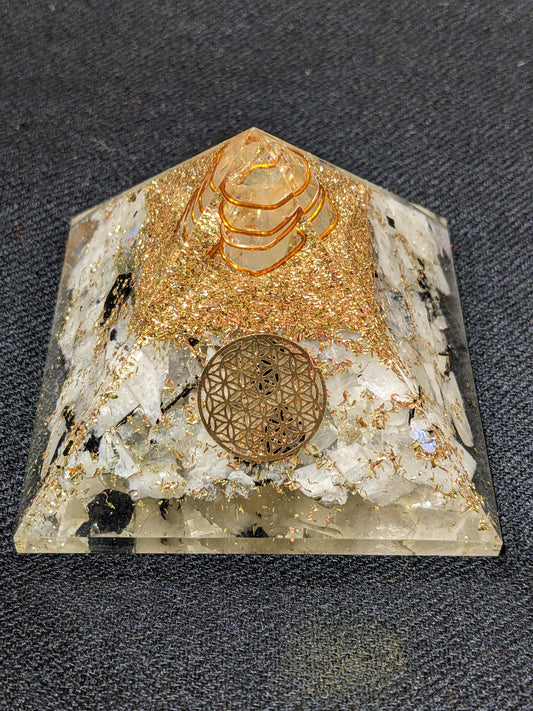 Orgonite pyramid with Rainbow Moonstone and flower of life symbol