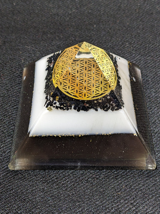 Orgonite pyramid with shungite, tourmaline and flower of life symbol